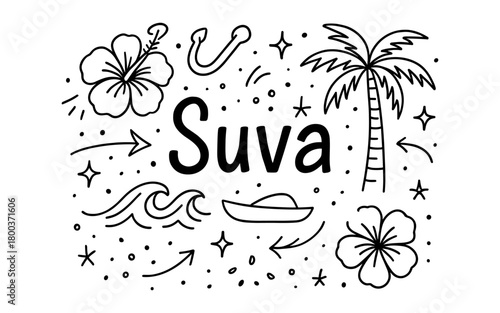 Suva tropical doodle: palm trees, waves, flowers, and stars