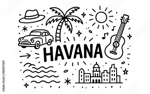 Havana doodles: vintage car, palm, guitar, and cityscape in linear style