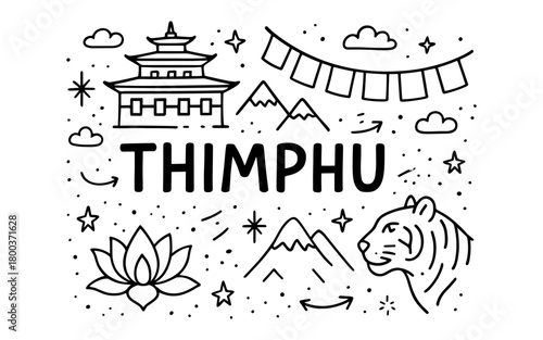 Thimphu outline with architectural and natural symbols in monochrome design