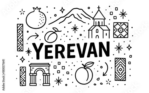 Yerevan outline design: monuments, fruit, and patterns in linear style
