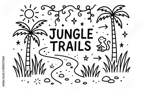 Hand-drawn jungle trails adventure with playful monkey and tropical trees