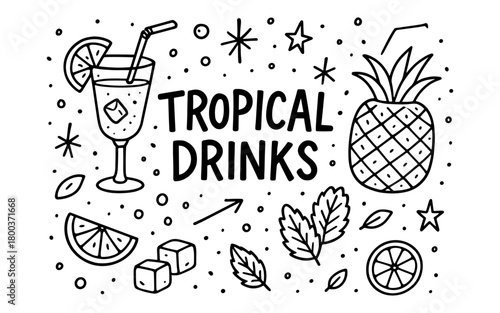 Hand drawn tropical drinks with pineapple and citrus elements