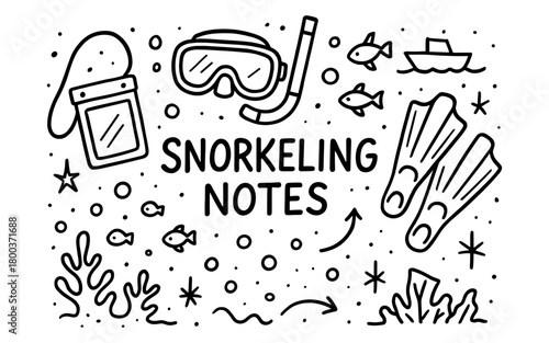 Monochrome snorkeling doodles with mask, fins, ocean life, and boat