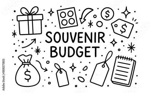 Souvenir budget outline with gift and currency symbols in doodle style