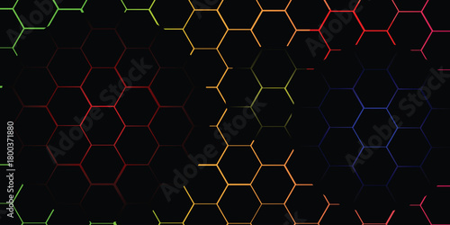 Abstract Digital Hexagon Gradient Pattern. Glowing Honeycomb Tech Black Background