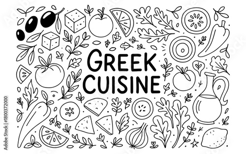 Greek cuisine line art: traditional food and ingredients in black and white