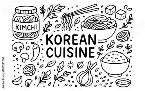 Outline of popular korean dishes with kimchi and noodles for asian food lovers