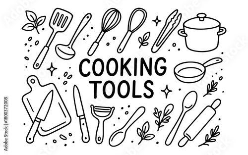Essential kitchen tools in black and white doodle style for cooking enthusiasts