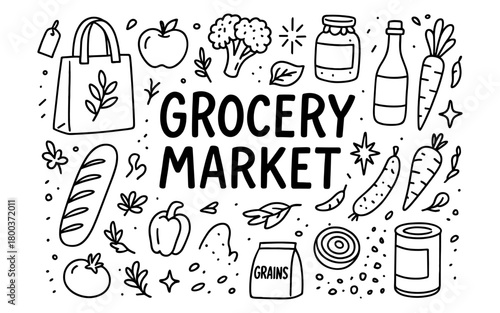 Grocery market doodle with vegetables, fruits, and food items in black and white