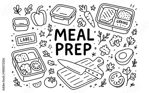 Meal prep icon set with lunchbox elements in a hand-drawn style