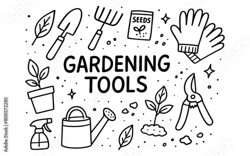 Gardening tools design with line art featuring gloves, shovel, and watering can