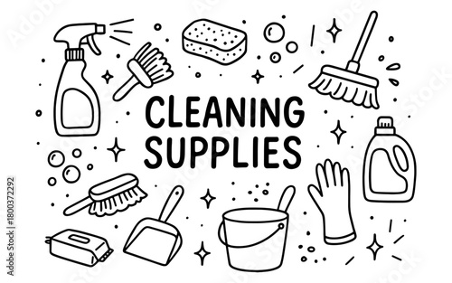 Cleaning tools and supplies with doodle style icons and decorative elements