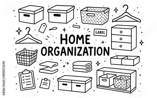 Hand drawn home organization icons: storage solutions and organizing essentials