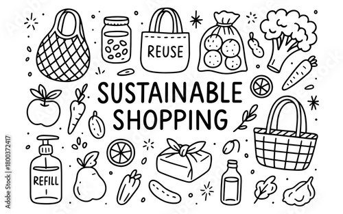 Eco-friendly shopping: hand drawn elements for a sustainable lifestyle
