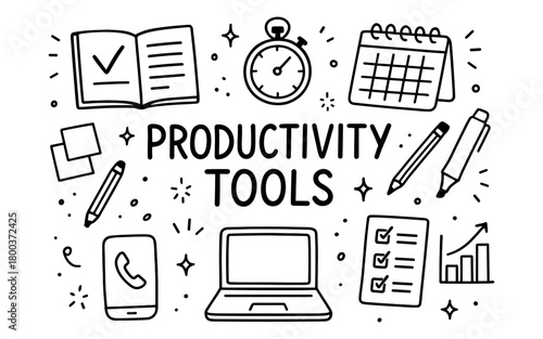 Hand drawn productivity tools with laptop, calendar, and stopwatch