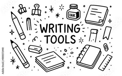 Hand drawn writing tools sketch with notebooks, pens, inkwell, and stars