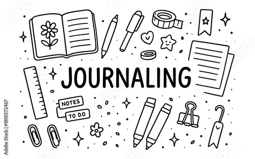 Creative journaling tools and decorations in hand drawn style