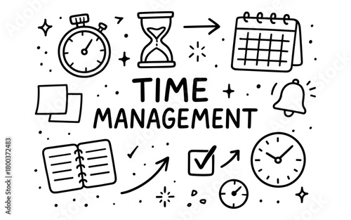 Time management concepts in hand drawn style with clocks and calendars