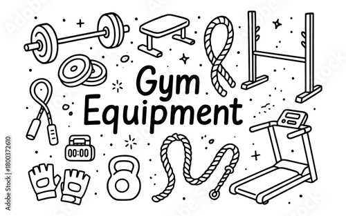Doodle style gym equipment: fitness icons with dumbbells, treadmill, and jump rope