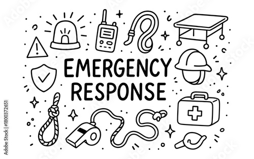 Emergency response doodle with safety equipment and symbols