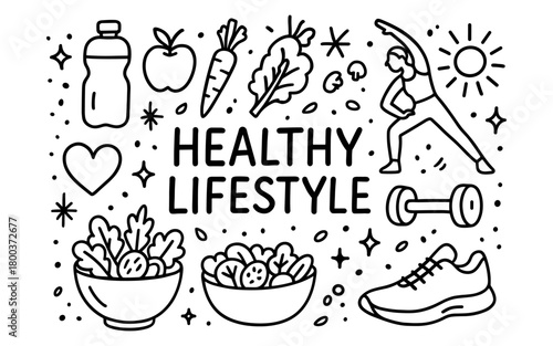 Healthy living doodle: fitness and nutrition elements in modern line art