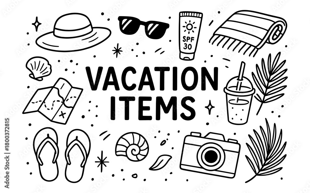 Fototapeta premium Essential summer vacation items in black and white doodle art