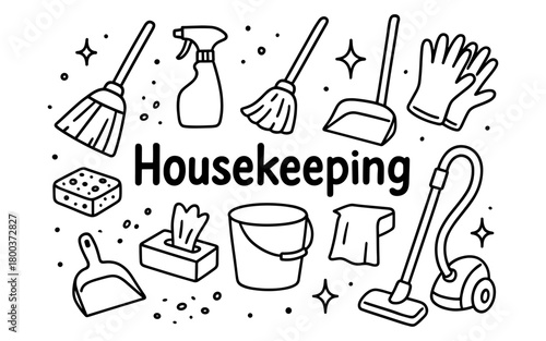 Housekeeping essentials in line art: cleaning tools and supplies