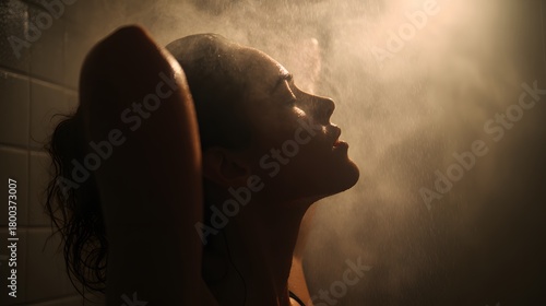 Sensual Moment: A woman, enveloped in steam and soft light, savors a moment of tranquil self-care, her profile elegantly illuminated against a hazy backdrop.