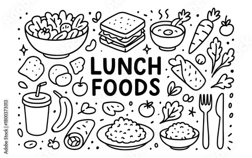 Delicious lunch foods doodle outline style featuring salad, sandwich, and carrot