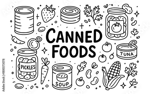 Doodle canned foods collection: pickles, soup, tuna, and fruits