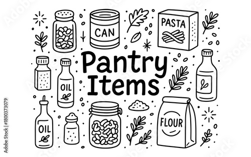 Hand-drawn pantry essentials: cans, jars, and packages in doodle style
