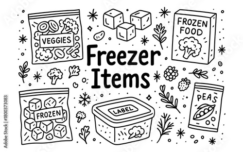 Hand drawn freezer items doodle with vegetables and frozen food icons