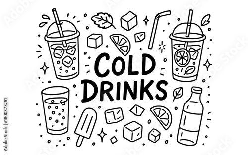 Refreshing cold beverages outline with ice cubes and citrus slices