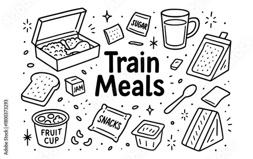 Hand drawn train meals icons featuring snacks and drinks in black and white style