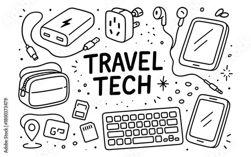 Travel tech essentials: line art of gadgets and accessories