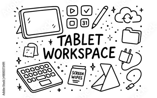 Tablet workspace doodle with accessories: creative office essentials