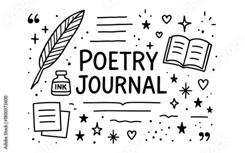 Hand drawn poetry journal elements with feather and ink design