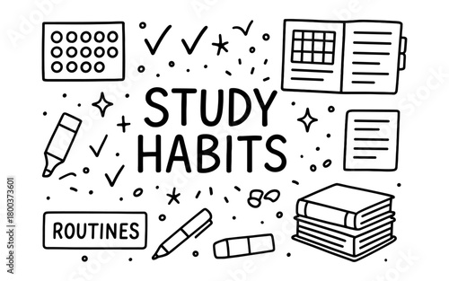 Black and white doodle on effective study habits for students and teachers