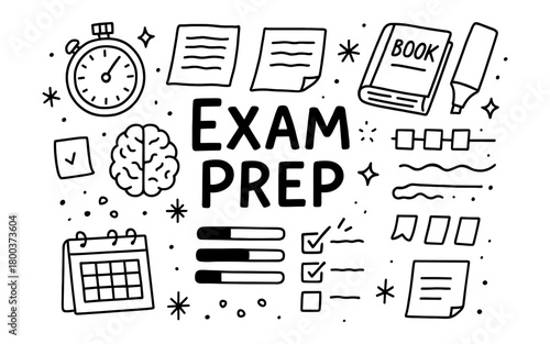 Doodle style exam preparation elements with books, brain, and tools