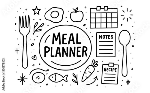 Hand drawn meal planner with utensils and calendar elements