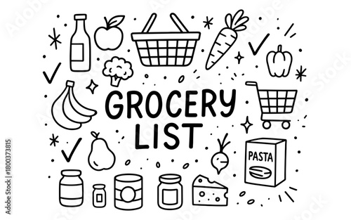 Hand drawn grocery list with food icons and shopping cart