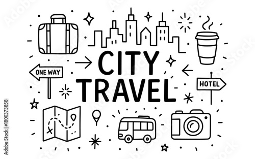 Urban adventure icons: city travel essentials in line art style