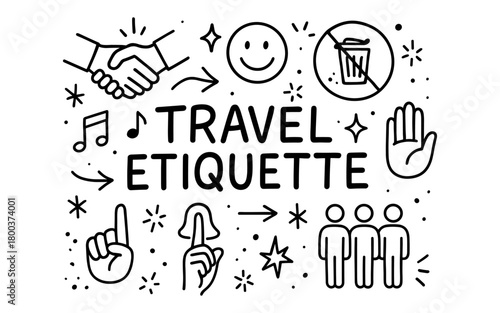 Travel etiquette icons: simple line art featuring hand gestures and symbols