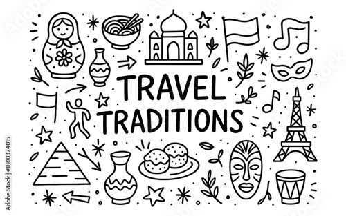 Doodle art of global travel traditions featuring iconic landmarks and cultural elements