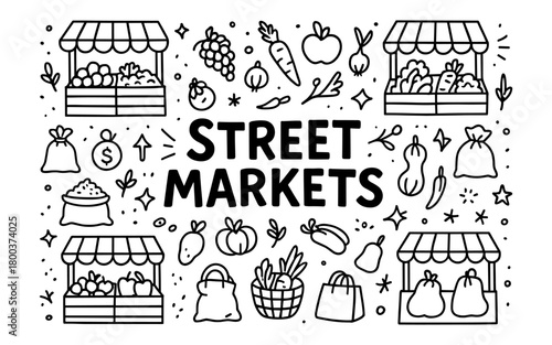 Street markets doodle with fresh produce and shopping elements