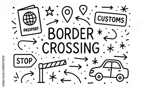 Doodle border crossing elements with passport, customs, and car icons