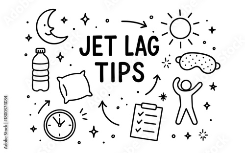 Jet lag tips with hand-drawn doodles on travel essentials and sleep aids