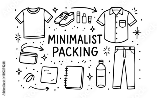 Minimalist packing essentials in black and white doodle style