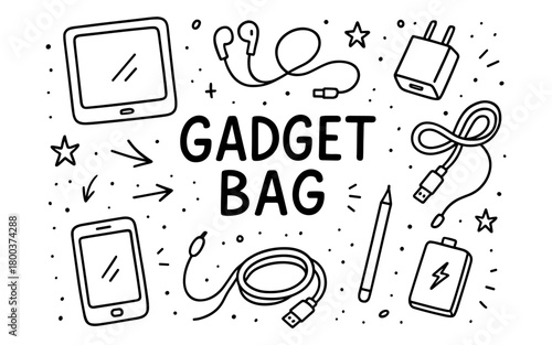 Hand drawn gadget essentials: cables, devices, and chargers in black and white doodle style