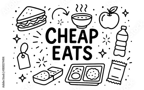 Simple doodle art of budget-friendly meals and snacks
